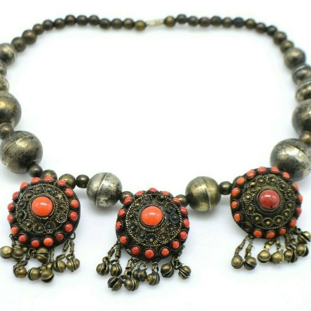 Tibetan Silver Coral Studded Gemstone Medallions
